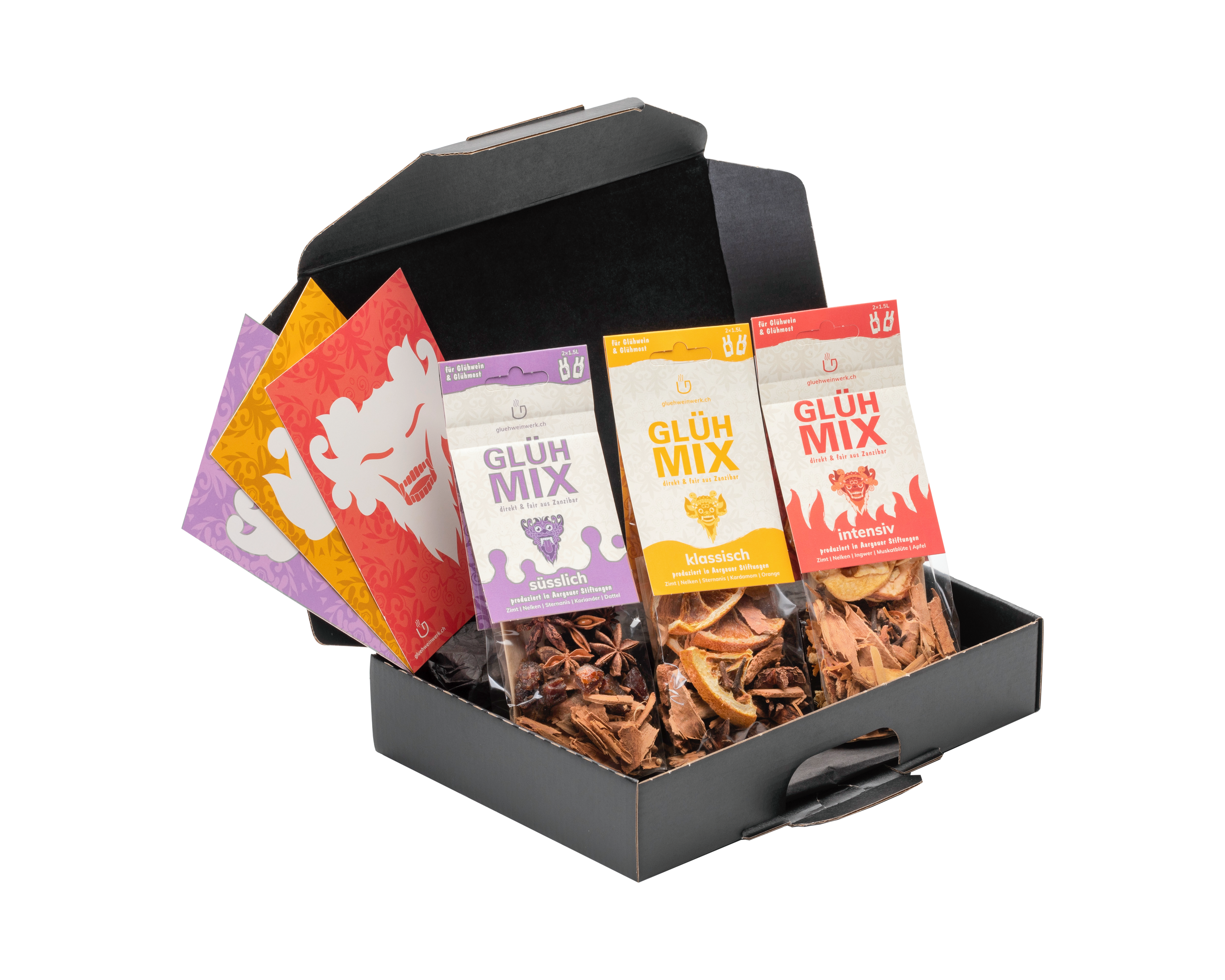 Die Geschenkbox Basic bietet dir, deinen Freunden und Liebsten das komplette Geschmackserlebnis aller GLÜHMIX! Die Geschenkbox  Basic ist nicht nur ein qualitatives Weihnachtsgeschenk, sondern eine sozial nachhaltige Story, kreiert von gluehweinwerk.ch.